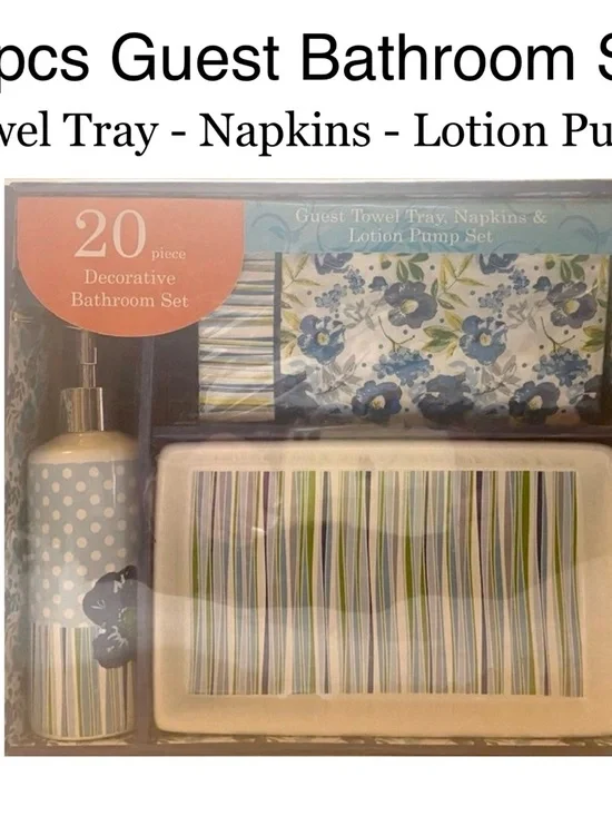 🌼 Guest Bathroom Set Tray Napkins Lotion Pump Floral Stripe