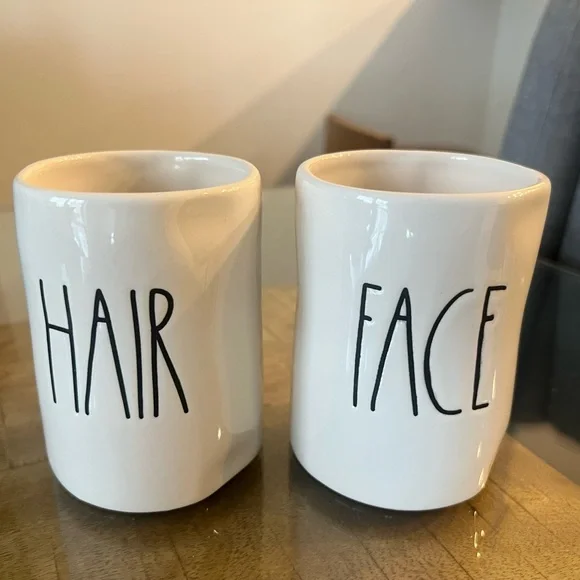 Rae Dunn Cream Ceramic Hair and Face bathroom organizer Duo cups