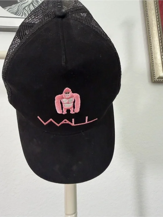 PINK Victoria's Secret Black Trucker Hat with Pink Embroidered Gorilla Logo
