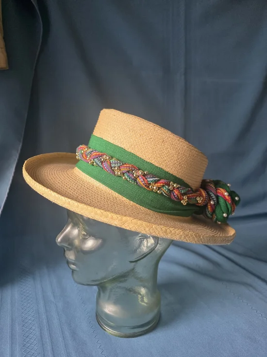Vintage Guatemaya Handwoven Palm Leaf Sun Hat Sz 54 Quiché Guatemala Floral S