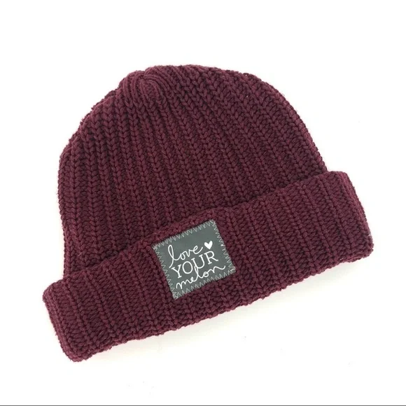Love Your Melon Knit Cuffed Beanie Hat Fold Over Burgundy