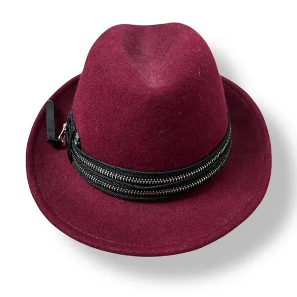Hatch Womens Hat Burgundy Red Wool Felt with Wrapped Zipper Trim Adjustable OS