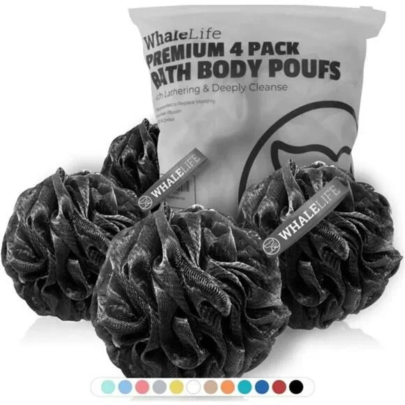 Shower Loofah Puff 4 Pack Black Bath Sponge Bamboo Charcoal Mesh Body Scrubber