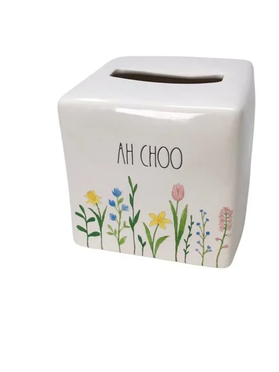 Rae Dunn Tissue Box Cover Holder Ah Choo Floral Spring Flowers Ceramic Square