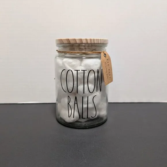 Rae Dunn 2020 Cotton Balls Clear Glass Jar‎ Wooden Lid New Bathroom Canister