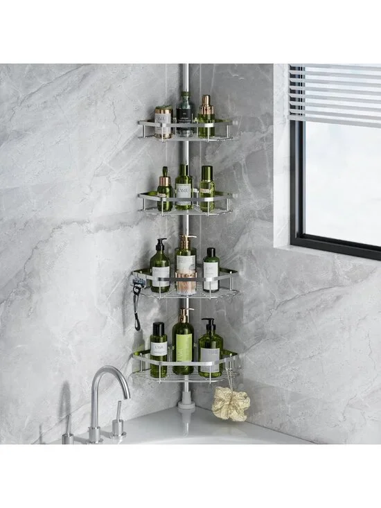 Stainless Steel Corner Shower Caddy - Adjustable 4-Tier Organizer with Hooks