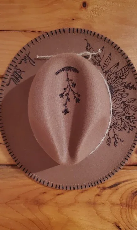 Embroidered Brown Felt Hat with Floral Accents