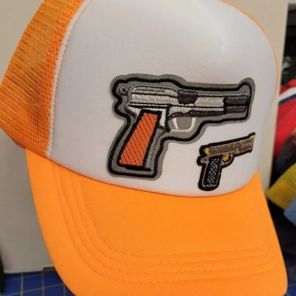 Orange Trucker Hat w Applique Patch Guns