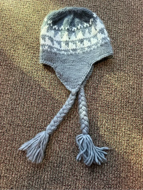 Gray Knit Earflap Hat with Braided Tassels