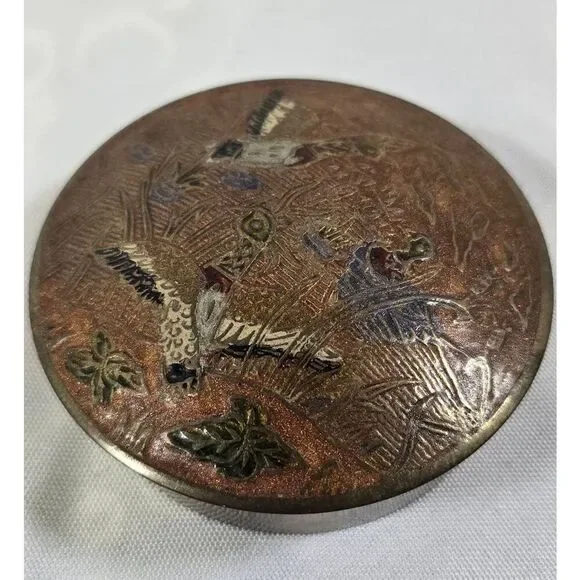 Intricate Floral Vintage Enameled Brass Trinket Box