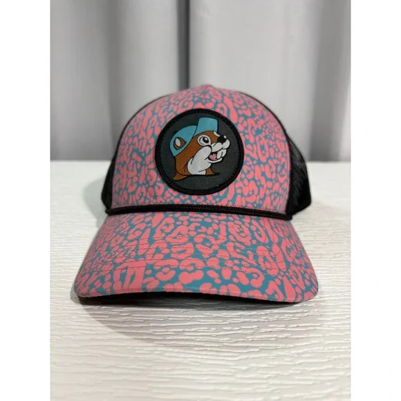 Buc-ee's Trucker Hat Pink Blue Leopard Print Beaver Mascot Snapback Cap WC0019