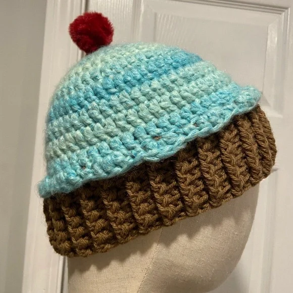 Handmade Crochet Blueberry Chocolate Cupcake Beanie Winter Hat Cozy Comfy Warm