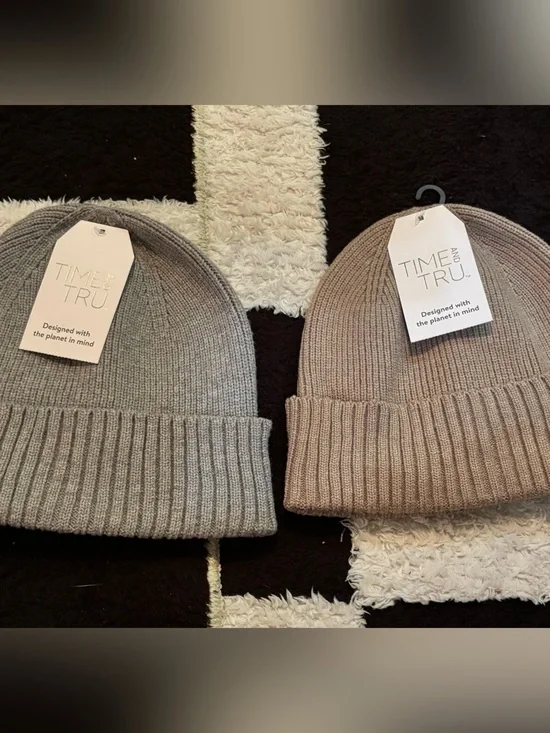 Time and Tru Ribbed Knit Beanie Set - Gray & Taupe