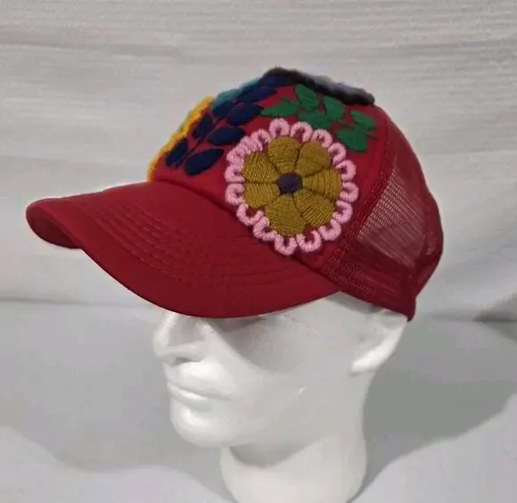 Mexican Hand Embroidered Floral Trucker Hat Chiapas Oaxaca Folk Art Adjustable