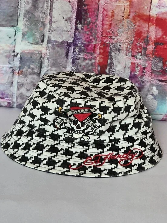 Ed Hardy Black & White Houndstooth Bucket Hat with Skull Patch