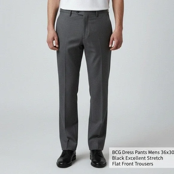 BCG Dress Pants‎ Mens 36x30 Black Excellent Stretch Flat Front Trousers