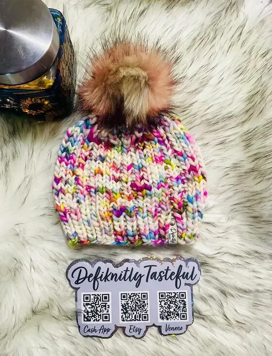 Hand Knit Merino Wool Beanie: Open Ridge Knit Hat with Faux Fur Pom