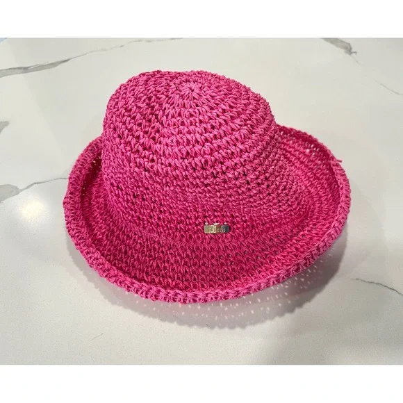 Trina Turk Womens Hot Pink Paper Straw Crochet Bucket Hat Summer Beach Sun Hat