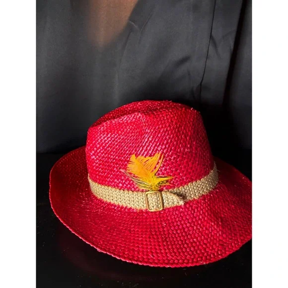 Red Straw Cowboy Hat with Woven Band and Feather Accent Western Style Fedora