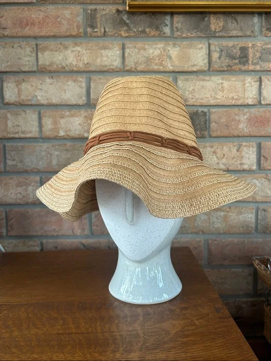 Steve Madden Tan Straw Floppy Sun Hat with Brown Braided Band