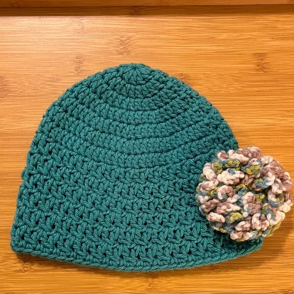 Handcrafted Teal Crochet Beanie with Multicolor Flower