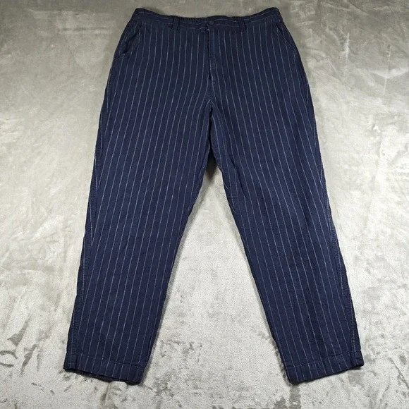 Uniqlo Pants Men XL 34x26.5 Blue Pinstriped Linen Blend Relaxed Cropped