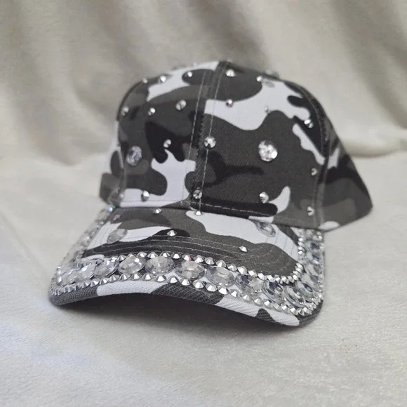 Camo Rhinestone Baseball Cap Gray White Camouflage Bling Studded Hat Adjustable