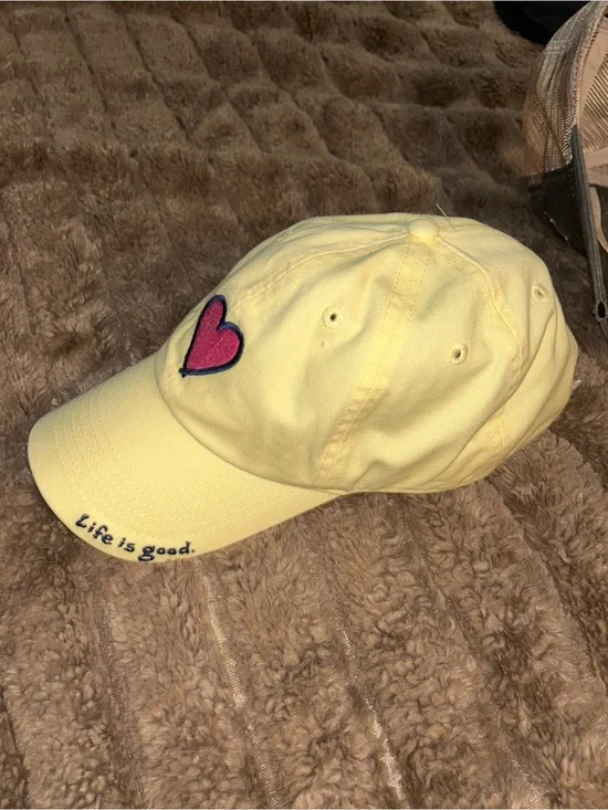 Life Is Good Yellow Cap with Pink Heart