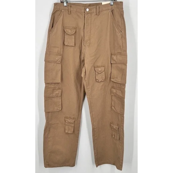 MNML Ultra Baggy Cargo Button Fly Pants Mens 34 Khaki Urban Relaxed‎ Wide Leg