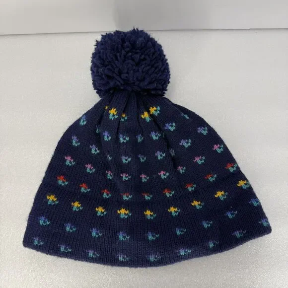 VTG White Stag Hatstalker Beanie Hat Blue Floral Knit Wool Ski Pom Lined 80s