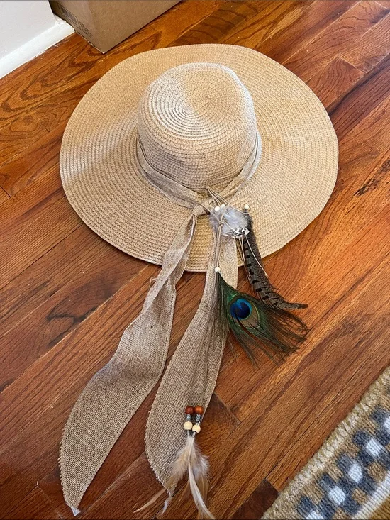 Beige Wide-Brim Straw Sun Hat with Feather & Ribbon Accent