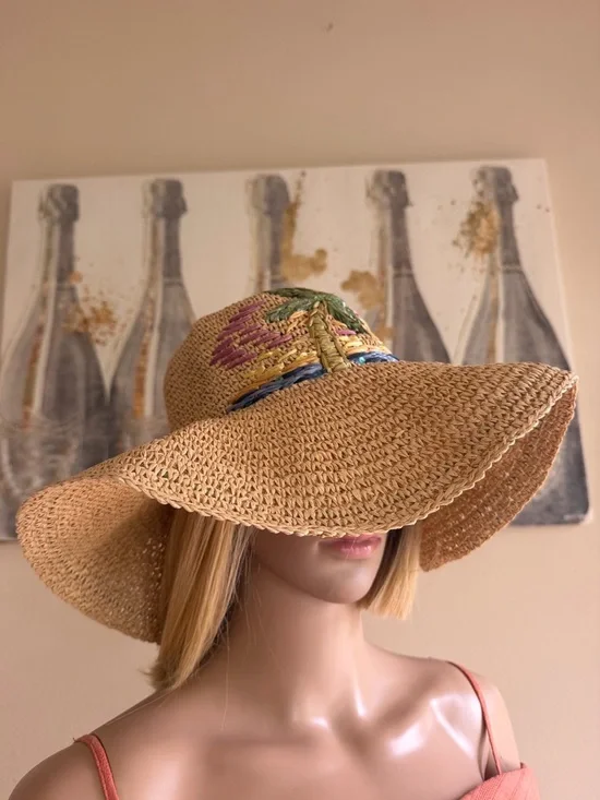 Wide Brim Straw Sun Hat with Colorful Embroidery
