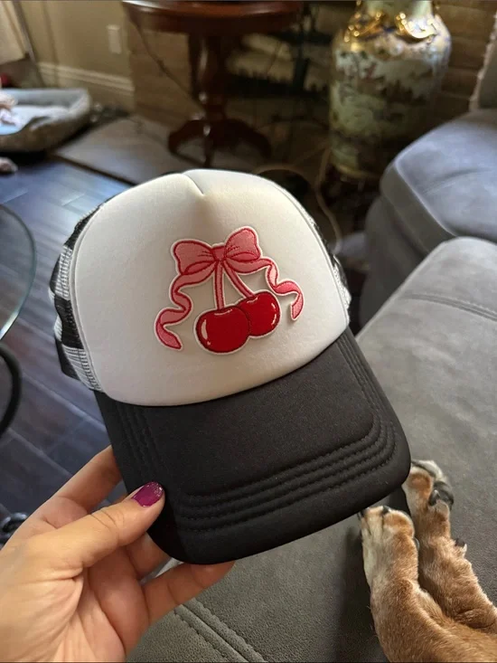 Black & White Trucker Hat with Pink Cherry Patch unisex SnapBack fit kids /adult