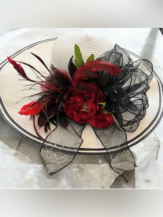 Wide-Brim Straw Hat with Flower,Feather & Black Bow
