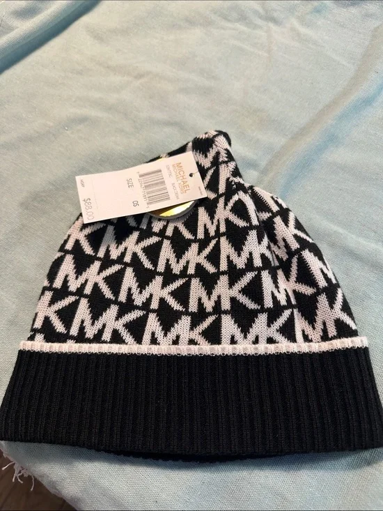 Michael Kors Kids Black & White MK Logo Knit Beanie