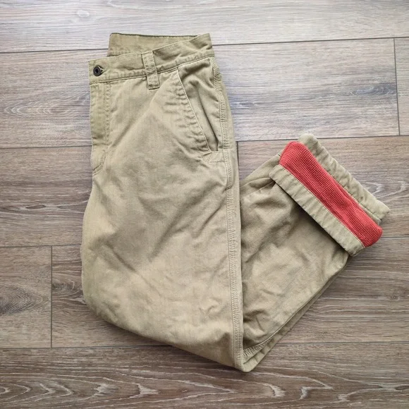 LL Bean Waffle Fleece Lined Work Pant Tan Red Outdoor Thermal Natural Fit 33x29