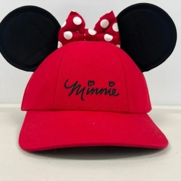 Disney Minnie Mouse Red Baseball Cap 3D Ears Polka Dot Bow Snapback Hat Womens
