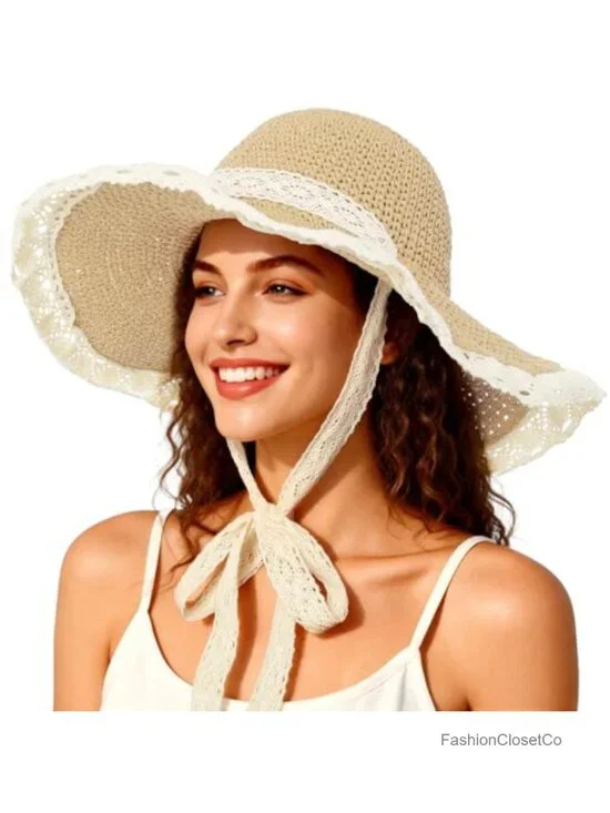 Wide Brim Sun Hat UPF 50+ Straw Beach Hat Foldable Packable