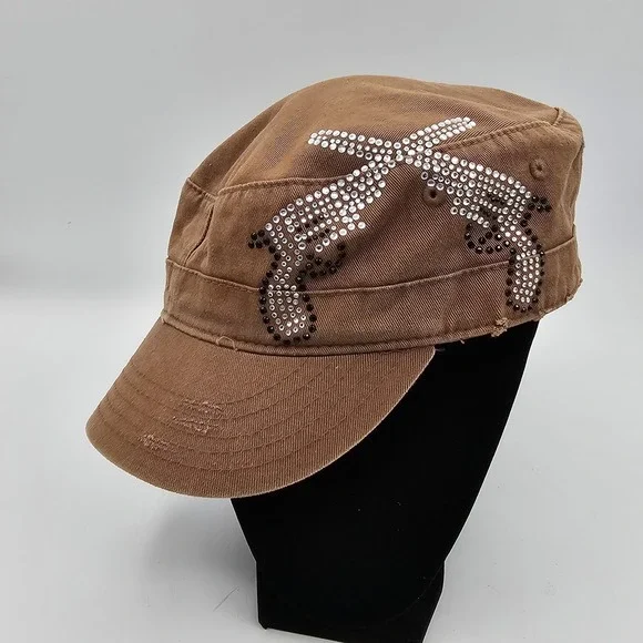 Brown Distressed Cadet Cap with Rhinestone Crossed Pistols