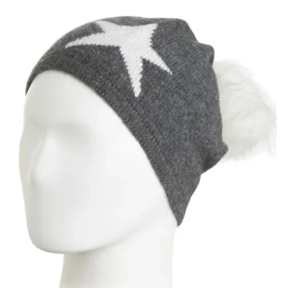 HANNAH ROSE Cashmere Star Intarsia Hat With Faux Fur Pom Size One Size