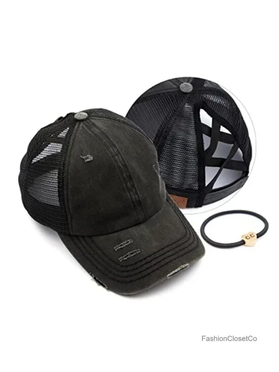 Meshy High Bun Ponytail Adjustable Trucker Baseball Cap with Ponytail Slot