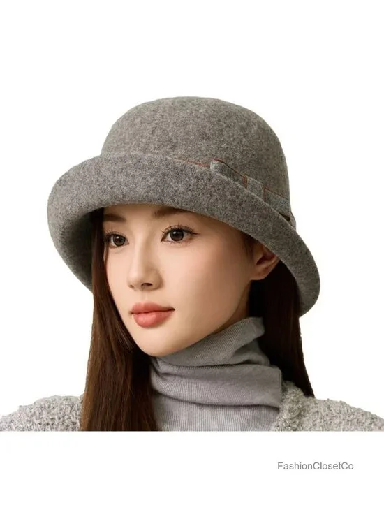 Vintage Felt Cloche Hat with Bow, Adjustable Bucket Hat for Winter Fall