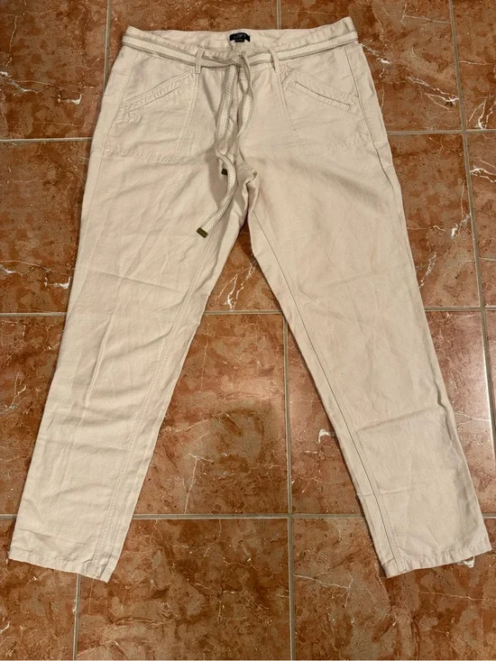 LOFT Marisa Cream Linen Cotton Blend Crop Pants Fold Up Capris Sz 10 Belt NWOT