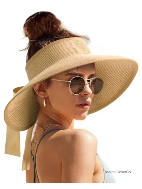 Straw Visor Hat Wide Brim UPF 50+ Foldable Packable Summer Sun Hat