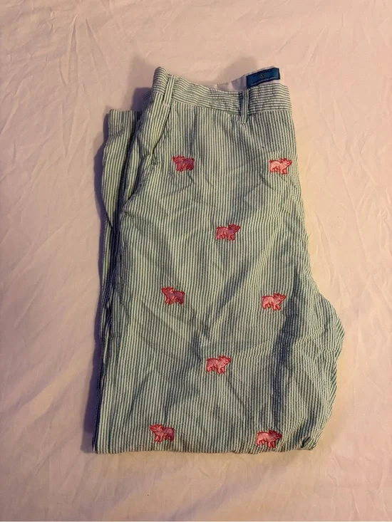 Castaway Green & White Seersucker Chinos with Pink Embroidered Pigs