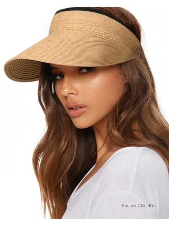 Straw Sun Visor Hat UPF 80+ Adjustable Packable Wide Brim Beach Hat