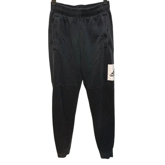 Adidas Joggers Small Black Fleece Tapered Sweatpants‎ Logo Patch Mens
