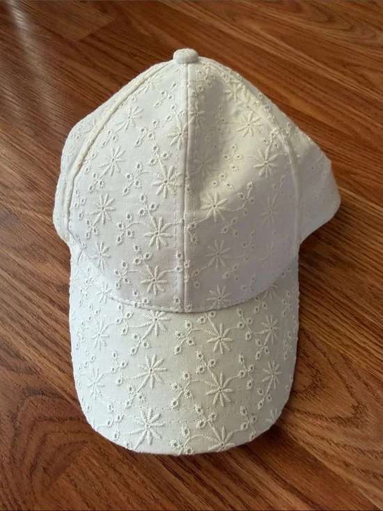 Embroidered Floral Eyelet White Baseball Cap