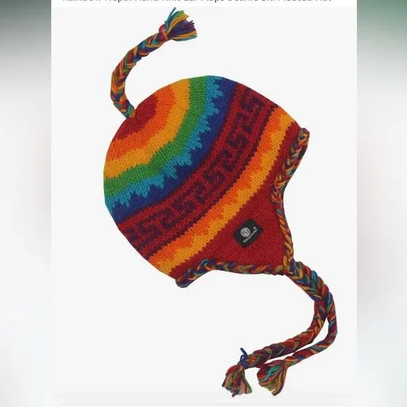 Wool Rainbow Nepal Hand Knit Ear Flaps Beanie