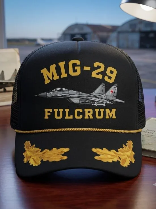 Retro MiG-29 Fulcrum Fighter Jet Foam Trucker Hat Black Gold Scrambled Eggs New!